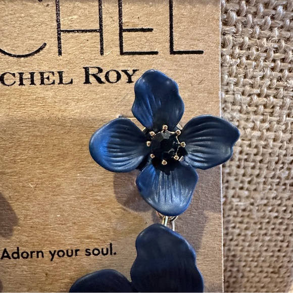 NWT RACHEL Rachel Roy Earrings Navy Blue Double Flower w/ center crystal - Picture 6 of 9